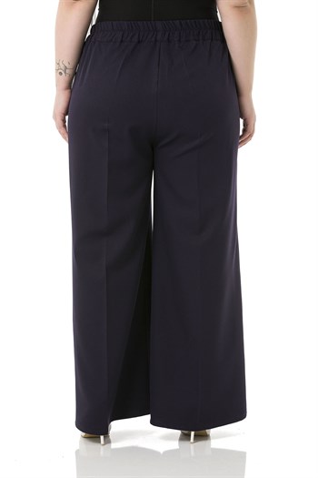 Plus Size Double Navy Blue Wide Leg Trousers with Elastic Waist Sides and Back