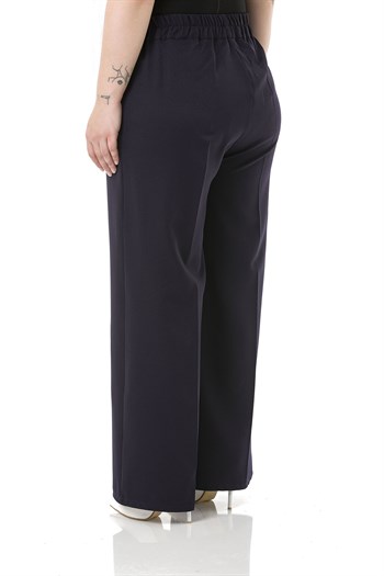 Plus Size Double Navy Blue Wide Leg Trousers with Elastic Waist Sides and Back