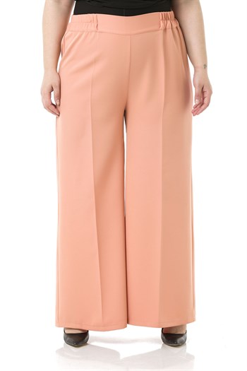 Plus Size Double Salmon Wide Leg Trousers with Elastic Waist Sides and Back