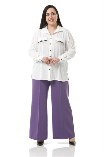 Plus Size Double Purple Wide Leg Trousers with Elastic Waist Sides and Back