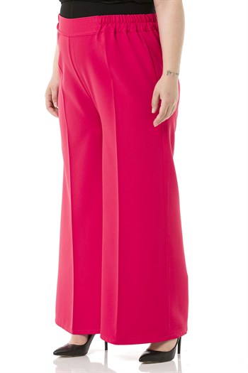 Plus Size Double Fuchsia Wide Leg Trousers with Elastic Waist Sides and Back
