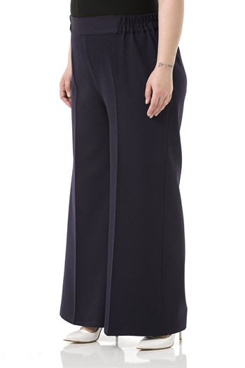 Plus Size Double Navy Blue Wide Leg Trousers with Elastic Waist Sides and Back