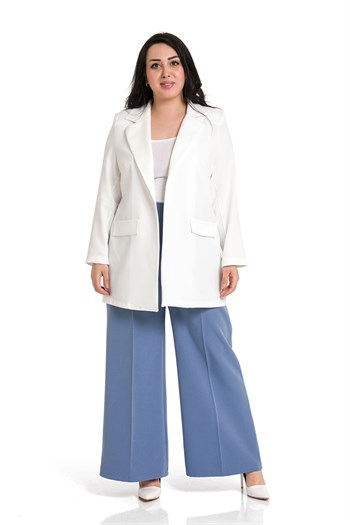 Plus Size Linen Aerobin Blue Trousers with Elastic Waist Pockets and Slits on the Legs