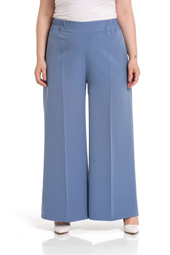 Plus Size Linen Aerobin Blue Trousers with Elastic Waist Pockets and Slits on the Legs
