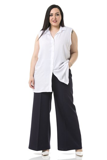 Plus Size Double Navy Blue Wide Leg Trousers with Elastic Waist Sides and Back