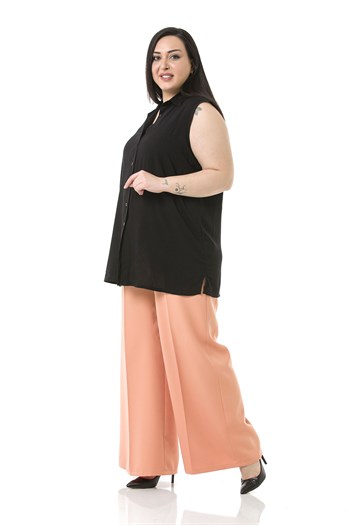Plus Size Double Salmon Wide Leg Trousers with Elastic Waist Sides and Back