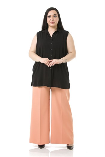 Plus Size Double Salmon Wide Leg Trousers with Elastic Waist Sides and Back