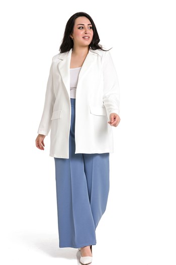 Plus Size Linen Aerobin Blue Trousers with Elastic Waist Pockets and Slits on the Legs