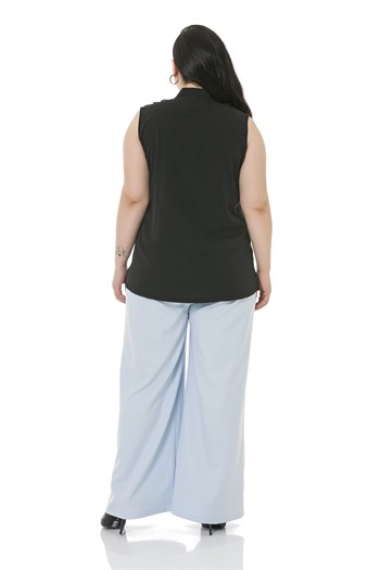 Plus Size Double Baby Blue Wide Leg Trousers with Elastic Waist Sides and Back