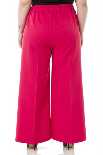 Plus Size Double Fuchsia Wide Leg Trousers with Elastic Waist Sides and Back