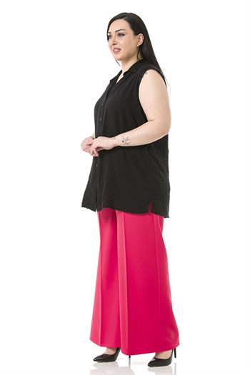 Plus Size Double Fuchsia Wide Leg Trousers with Elastic Waist Sides and Back