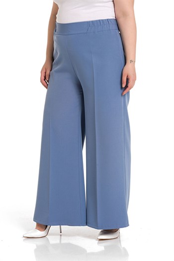Plus Size Linen Aerobin Blue Trousers with Elastic Waist Pockets and Slits on the Legs