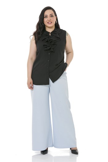 Plus Size Double Baby Blue Wide Leg Trousers with Elastic Waist Sides and Back