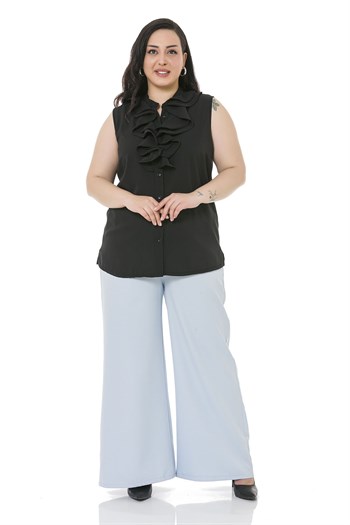 Plus Size Double Baby Blue Wide Leg Trousers with Elastic Waist Sides and Back