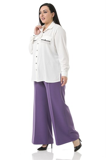 Plus Size Double Purple Wide Leg Trousers with Elastic Waist Sides and Back