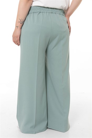 Büyük Beden Beli Yanlardan ve Arkadan Lastikli Bol Paça Double Mint Yeşili Pantolon