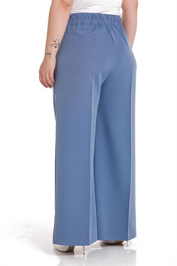 Plus Size Linen Aerobin Blue Trousers with Elastic Waist Pockets and Slits on the Legs