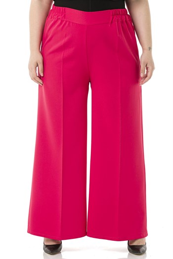 Plus Size Double Fuchsia Wide Leg Trousers with Elastic Waist Sides and Back