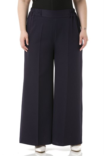 Plus Size Double Navy Blue Wide Leg Trousers with Elastic Waist Sides and Back