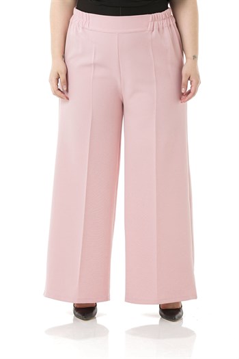 Plus Size Double Light Pink Wide Leg Trousers with Elastic Waist Sides and Back