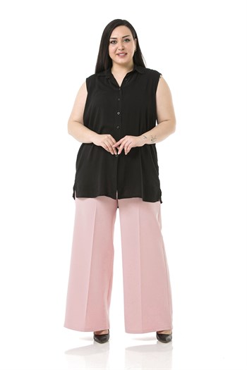 Plus Size Double Light Pink Wide Leg Trousers with Elastic Waist Sides and Back