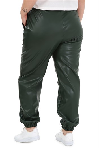 Büyük Beden Beli YanlardanLastikli Cepli Paçası Lastikli Haki Deri Pantolon