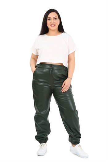 Büyük Beden Beli YanlardanLastikli Cepli Paçası Lastikli Haki Deri Pantolon