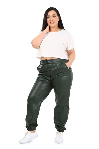Büyük Beden Beli YanlardanLastikli Cepli Paçası Lastikli Haki Deri Pantolon