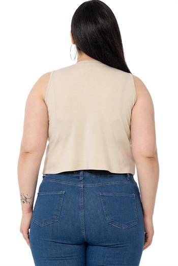 Büyük Beden Bisiklet Yaka Kolsuz Crop Viskon Bej Body