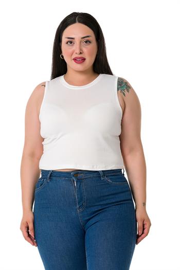 Büyük Beden Bisiklet Yaka Kolsuz Crop Viskon Ekru Body
