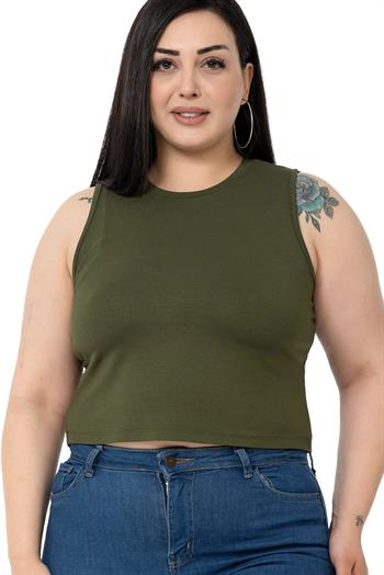 Büyük Beden Bisiklet Yaka Kolsuz Crop Viskon Haki Body
