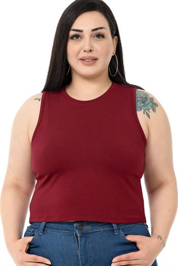 Büyük Beden Bisiklet Yaka Kolsuz Crop Viskon Bordo Body