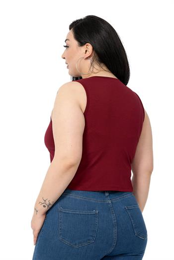 Büyük Beden Bisiklet Yaka Kolsuz Crop Viskon Bordo Body