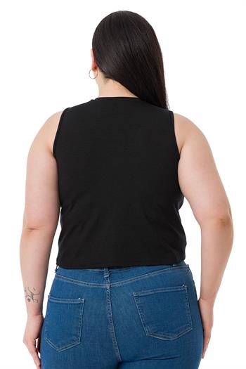 Büyük Beden Bisiklet Yaka Kolsuz Crop Viskon Siyah Body