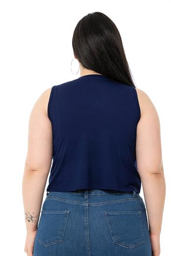 Büyük Beden Bisiklet Yaka Kolsuz Crop Viskon Lacivert Body