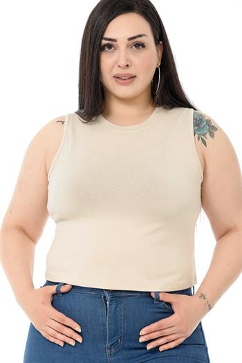 Büyük Beden Bisiklet Yaka Kolsuz Crop Viskon Bej Body
