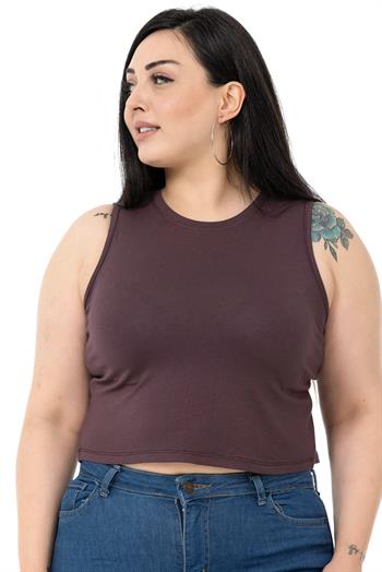 Büyük Beden Bisiklet Yaka Kolsuz Crop Viskon Koyu Vizon Body