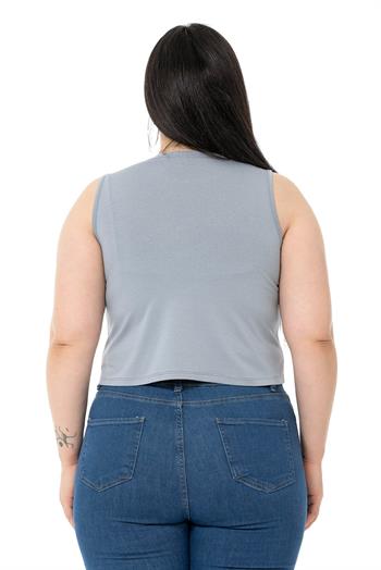 Büyük Beden Bisiklet Yaka Kolsuz Crop Viskon Açık Gri Body