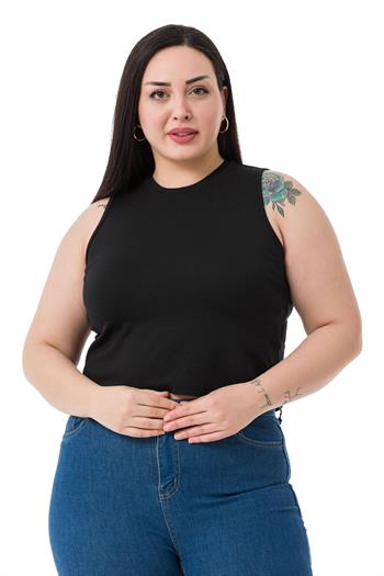 Büyük Beden Bisiklet Yaka Kolsuz Crop Viskon Siyah Body
