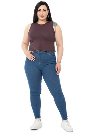Büyük Beden Bisiklet Yaka Kolsuz Crop Viskon Koyu Vizon Body
