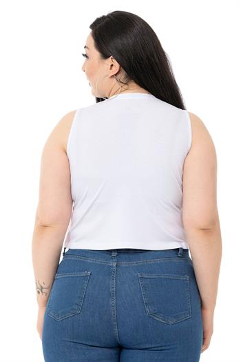Büyük Beden Bisiklet Yaka Kolsuz Crop Viskon Beyaz Body