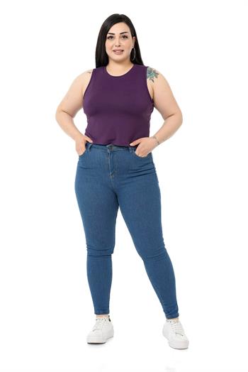 Büyük Beden Bisiklet Yaka Kolsuz Crop Viskon Mürdüm Body