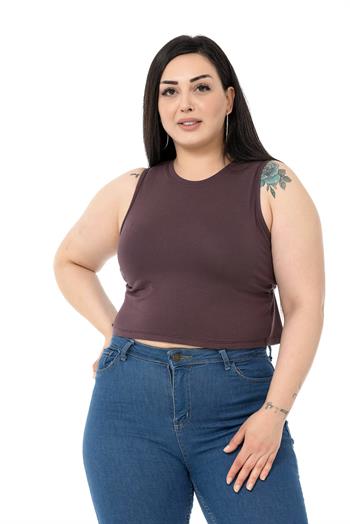 Büyük Beden Bisiklet Yaka Kolsuz Crop Viskon Koyu Vizon Body
