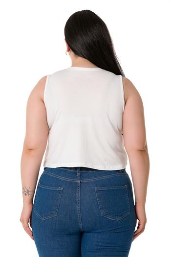 Büyük Beden Bisiklet Yaka Kolsuz Crop Viskon Ekru Body