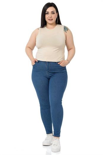 Büyük Beden Bisiklet Yaka Kolsuz Crop Viskon Bej Body
