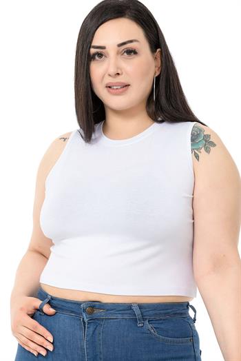 Büyük Beden Bisiklet Yaka Kolsuz Crop Viskon Beyaz Body