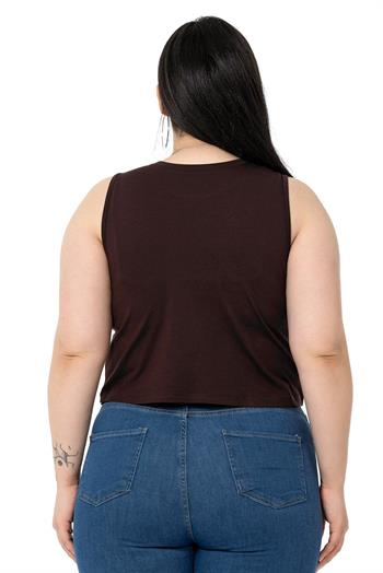 Büyük Beden Bisiklet Yaka Kolsuz Crop Viskon Kahverengi Body