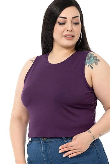 Büyük Beden Bisiklet Yaka Kolsuz Crop Viskon Mürdüm Body