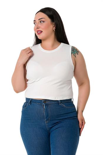 Büyük Beden Bisiklet Yaka Kolsuz Crop Viskon Ekru Body