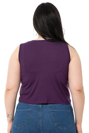 Büyük Beden Bisiklet Yaka Kolsuz Crop Viskon Mürdüm Body